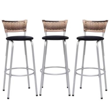 Imagem de Banqueta Altas Junco Cappuccino Estrutura Prata 70cm Para Balcão Cozinha, Bar, Bistrô, Americano Kit 03 Unidades - Itagold (Preto)