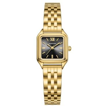 Imagem de AMOVAN Relógios dourados femininos, quartzo feminino atualizado com mostrador romano, pulseira de aço inoxidável, caixa retangular, relógios de pulso vintage, ferramenta de ajuste incluída, resistente