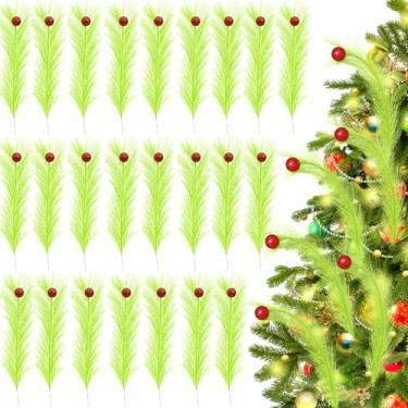 Imagem de 24 peças de topo de árvore de Natal, palitos de árvore encaracolados verde-limão, 43 cm, com bola de Natal vermelha, hastes verdes artificiais para decoração de guirlanda de Natal