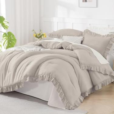 Imagem de Andency Jogo de cama King com babados de linho (264 x 230 cm), 3 peças (1 edredom com babados e 2 fronhas) cama lisa chique gasto, vintage rústico de microfibra macia