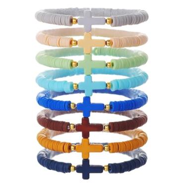 Imagem de Conjunto de pulseiras de argila arco-íris com cruz de surfista para mulheres, meninas, empilhável, disco de argila elástica, pulseiras coloridas da amizade, boêmio, verão, praia, joias, presente,