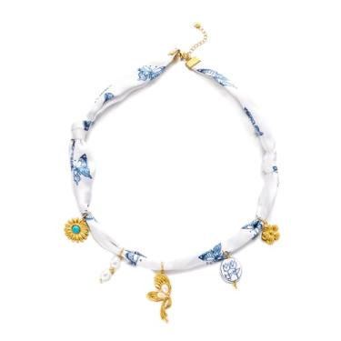 Imagem de Harlermoon Colar de cachecol com coração, flor, branco, rosa, azul, bandana ajustável, gargantilha de seda ocidental para mulheres, boho, praia, joias de cerâmica, Medium, Aço inoxidável, Sem Pedra