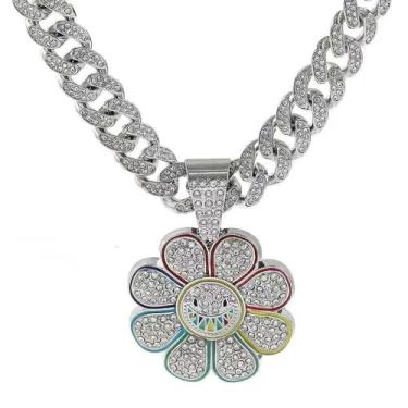 Imagem de Colar Com Pingente De Girassol E Carinha Sorridente,Estilo Hip Hop Taka Murakm,Com Corrente Cubana,Para Homens E Mulheres