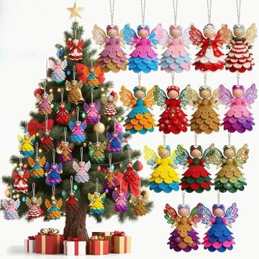 Imagem de 14 pingentes de anjo de Natal - Enfeites de asa de anjo em camadas coloridas com bonés dourados e laços de fita, decorações de árvore para árvore de Natal, grinaldas, guirlandas - festa de férias em