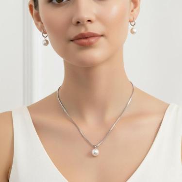 Imagem de Colar E Brincos Femininos Conjunto Pérola Folheado A Prata-Feminino