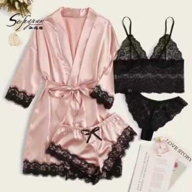 Imagem de Conjunto de Lingerie Sensual Cetim, Kimono e Pijama, 4 Peças, Bege - M