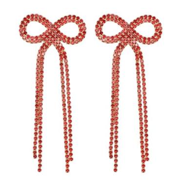 Imagem de Brincos pendentes de borla longa com laço de zircônia cúbica de luxo para mulheres, corrente de cristal, laço e laço pendurado, casamento, noiva, joias delicadas de Natal, Standard, Metal Cristal, Sem