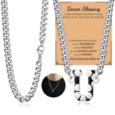 Imagem de NUKAYAI Colar de futebol com letra A a Z para homens, pingente de pingente de aço inoxidável, corrente de prata, acessórios de joias, material de 50,8 cm, colares personalizados, presentes de futebol