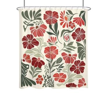 Imagem de RTFEVG Boho Cortina de Chuveiro Vermelha Floral Fofa Flor Abstrata Vintage Retro Rústica Casa de Fazenda Country Primavera Funky Conjunto de Decoração de Banheiro 152 x 183 cm Poliéster 12 Ganchos