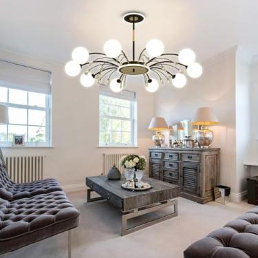 Imagem de Lustre Sputnik Dourado, Lustre Moderno de Meados do Século XX, Luminária de Teto com Decoração em Cristal, Luminária Pendente com Cúpula de Vidro Branco Leitoso para Sala de Estar, Cozinha,