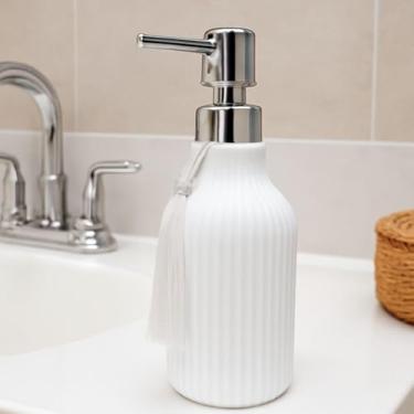 Imagem de Luiggi Presentes Dispensador de Sabonete Líquido em Porcelana, 300ml, Válvula Cromada, Design Canelado, Disponível em Branco, Azul Petróleo e Creme, 19cm x 7cm, com Tassel Decorativo (Branco)