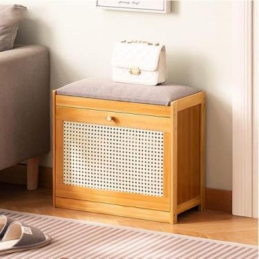 Imagem de Yadlan Armário de sapatos impermeável resistente a UV, banco de armazenamento interno e externo com prateleiras ajustáveis, para entrada quarto, corredor, sala de estar, cor de madeira 50 cm