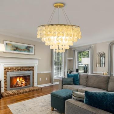 Imagem de Lustre estilo costeiro E14 dourado, luminária de teto com decoração de conchas naturais, grande, pendente para sala de estar, estilo clássico boêmio, com conchas de Capiz, ideal para restaur