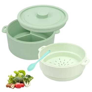 Imagem de BestYiJo Panela de arroz de micro-ondas, panela de macarrão de micro-ondas de 2 camadas e vaporizador para arroz, legumes, quinoa, aveia, ramen – silicone antiaderente (verde)