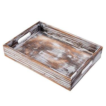 Imagem de Bandeja para servir alimentos de madeira lavada branca rústica com alças de transporte para mesa de café da manhã na cama, marrom vinho, caixa retangular, suporte de documentos para mesa de escritório, cozinha doméstica