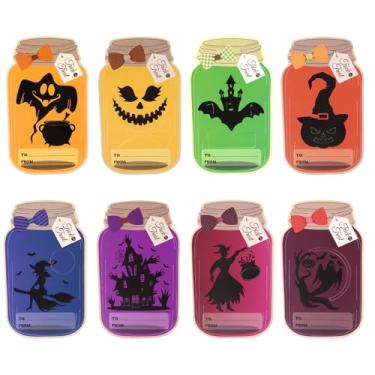 Imagem de Gweichunon Pacote com 50 cartões de pedreiro de Halloween, sacos de Halloween, cartões de doces DIY com bolsa transparente, lembrancinhas de festa de sala de aula, salgadinhos de guloseimas e doces