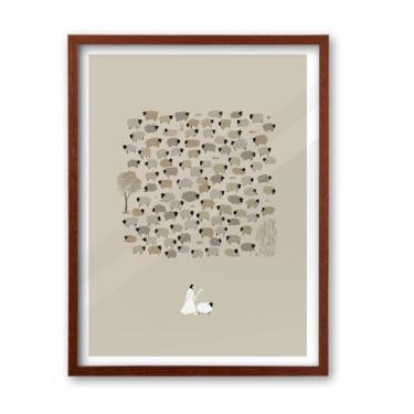 Imagem de iHery Arte de parede emoldurada de madeira de carvalho natural Jesus Leaves the 99 Sheep Walnut, grande 40,6 x 50,8 cm, arte em tela bíblica cristã Uma ovelha perdida, esboço moderno, escritura