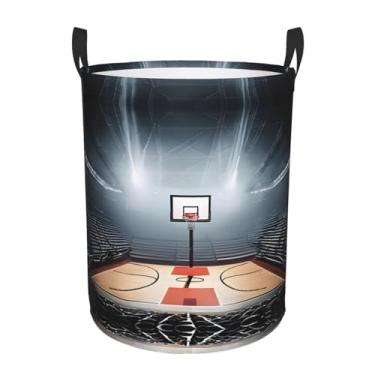 Imagem de Cesta de roupa redonda com estampa de basquete - cesto de tecido de camada única com alças, Oxford resistente à água para organização de quarto e banheiro. Médio