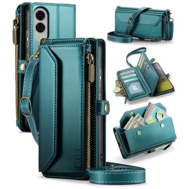 Imagem de YYTVN Capa carteira para Samsung Galaxy S25 Edge com zíper para cartão e alça transversal e alça de pulso, capa flip magnética de couro PU com bloqueio de RFID para Galaxy S25 Edge - verde