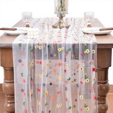 Imagem de CREATCABIN Margarida caminho de mesa floral bordado tule corredor de mesa branco poliéster flor gaze sazonal outono cozinha decoração toalha de mesa para férias, casamento, festa em casa, 3 m x 72 cm