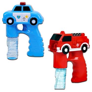 Imagem de Pistola lança bolhas Carrinho de Bombeiro e Polícia, lançador de bolhas de sabão, fácil utilização, Dispare Diversas bolhas com Luz Led e música (Vermelho)