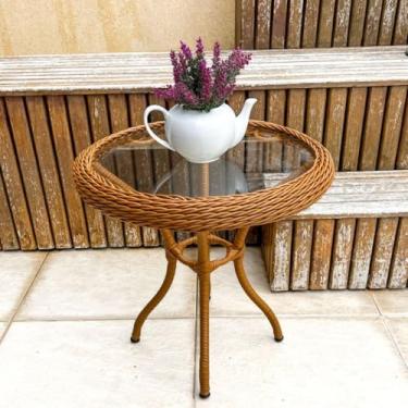 Imagem de Mesa de Centro Mesinha de Canto Apoio Estrutura de alumínio Fibra Sintética com Vidro Varanda Jardim Área Externa Piscin (Avelã)