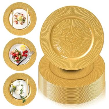 Imagem de PROY 50 placas de carregamento douradas a granel, carregadores com contas de 33 cm para pratos de jantar, pratos de plástico reutilizáveis e redondos para mesa, casamento, festa, evento