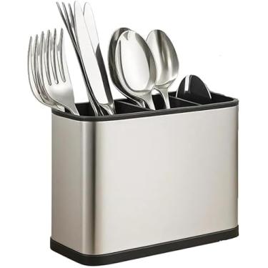 Imagem de Aço Inox Escorredor Porta Talheres com 4 Divisórias, Sistema de Drenagem, Design Moderno, Organizador de Utensílios para Cozinha, Base Antiderrapante