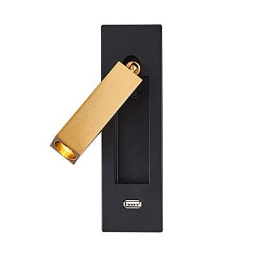 Imagem de Aplique de parede LED dourado antigo, preto, para leitura na cabeceira da cama, com porta USB e interruptor. Ideal para quartos de hotel, salas de estar e corredores. 3000K
