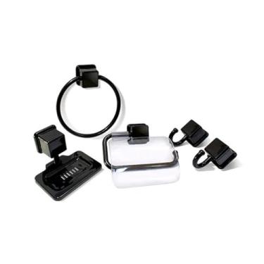 Imagem de Kit Acessórios para Banheiro com 5 Peças, Polipropileno, Preto, Inclui Saboneteira, Porta Toalha Argola, 2 Ganchos, Suporte Papel Higiênico