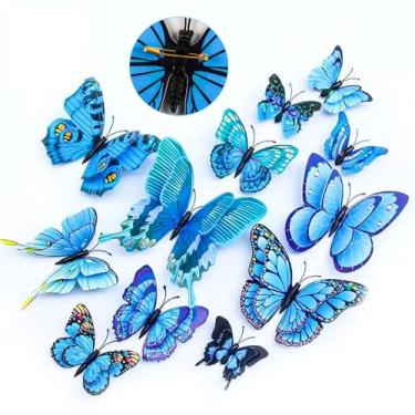 Imagem de 24 peças decoração borboleta azul, decoração de borboletas asas 3D com alfinetes de segurança, decoração de primavera de PVC para quarto sala de estar escritório jardim mesa decoração (azul)