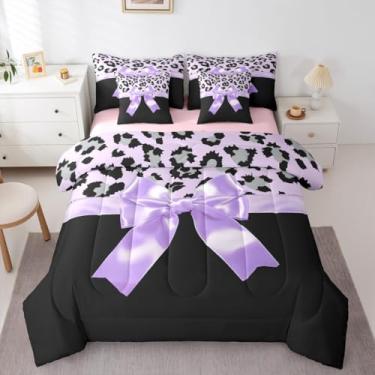 Imagem de Feelyou Conjunto de cama casal com laço de seda roxa, tamanho casal, leopardo, cinza, para crianças, meninas, mulheres, preto e roxo em uma bolsa, conjunto de cama romântica