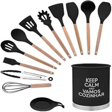 Imagem de Conjunto completo de ferramentas, culinaria domestica, resistente, antiaderente, preto, de silicone, compacto