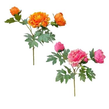 Imagem de CWPJUNDGP Flores artificiais de peônia realista, buquê de peônia luxuoso de seda/plástico com 4 cabeças (62 cm), pacote com 2/4 cores mistas (vermelho/rosa/laranja) para decoração de vaso de sala de
