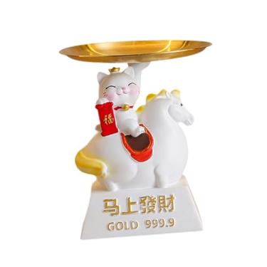 Imagem de Ｂｅｓｇａ Bandeja Gato da Sorte Decoração para Casa Porta-Chaves Estilo Chinês Moderno Ornamento para Quarto Escritório Móvel de TV Presente para Amantes de, Branco