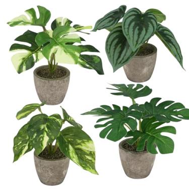 Imagem de Woration 4 peças de plantas artificiais em vasos pequenos falsos tropicais de folhas de melancia e monstera para ambientes internos para escritório, mesa, prateleira, banheiro, decoração de casa