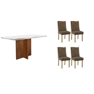 Imagem de Conjunto Sala de Jantar Berlim c/ Tampo Madeirado c/ Vidro Canto Curvo 120x80cm e 4 Cadeiras Tilia Madeira Maciça Naturale/Off White - Capuccino/Suede