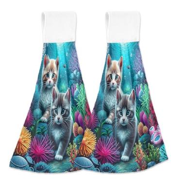 Imagem de Kittens Toalhas de cozinha coloridas coral com laço para pendurar toalhas de banho absorventes conjunto de 2, toalha de cozinha de outono personalizada fofa 18,2 x 14 polegadas