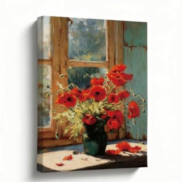 Imagem de Arte de parede em tela de papoulas, flores vermelhas na janela, impressão de pintura a óleo impressionista natureza morta, decoração de casa, envolto em galeria, pronto para pendurar, exibição de mesa