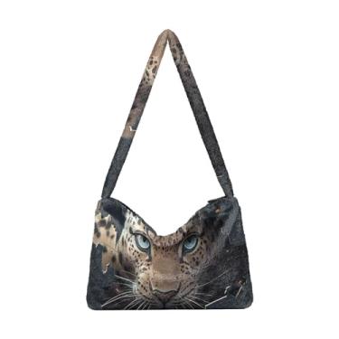 Imagem de Bolsa de pelúcia Ferocious Leopard preta de parede quebrada, sacola com zíper e alça de ombro, bolsa de ombro para mulheres, Leopardo feroz atrás da parede preta, One Size