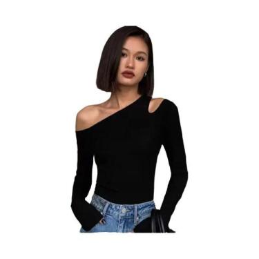 Imagem de Blusa Feminina Cropped De Manga Longa Com Decote Assimétrico E Detalhe