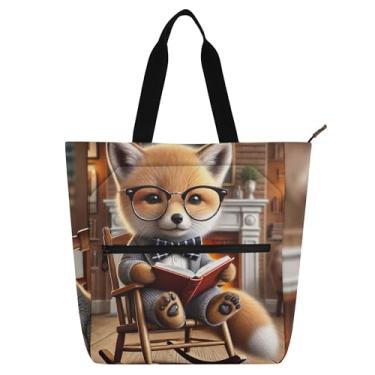 Imagem de GAIGEO Bolsa Smart Fox para amantes de livros para crianças, mulheres, professores, escola, trabalho, zíper, bolsa de lona, média, reutilizável