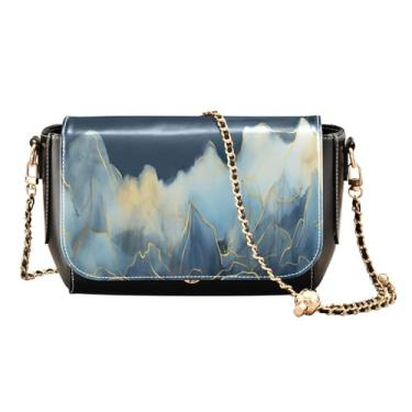 Imagem de Bolsa tiracolo quadrada com azul floral PU para mulheres, bolsa de ombro de couro sintético, bolsa de ombro transversal de couro, Montanhas azuis e douradas-2, One Size