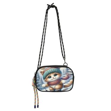 Imagem de TSENQUE Bolsa tiracolo pequena feminina carteira para celular bolsa de verão gatinho fofo esqui gato sobre ombro bolsas de viagem