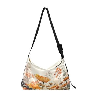 Imagem de GAIGEO Bolsa tiracolo feminina de couro com pintura preta e dourada abstrata, bolsa tiracolo de couro vegano, bolsa grande com zíper, Flores silvestres em aquarela com borboletas - 3, One Size