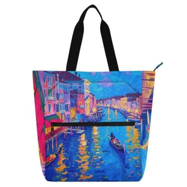 Imagem de GAIGEO Bolsas de trabalho femininas com pinturas noturnas Grand Canal Veneza, lona, praia, escola, bolsas de mão para uso diário com compartimentos