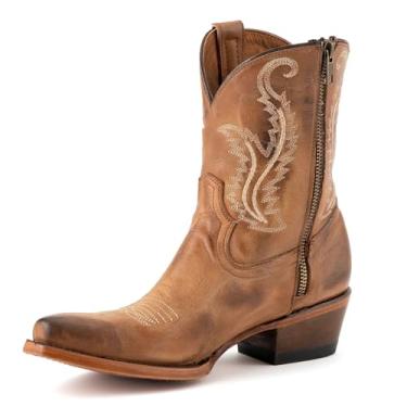 Imagem de OMJPWS Botas femininas caubói, botas de cowgirl com bico fino, bico fino, salto grosso, zíper lateral, vintage, retrô, Marrom, 40 BR
