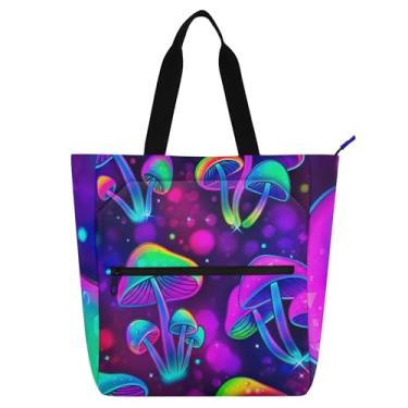 Imagem de GAIGEO Mushrooms Neon Colors Bolsa feminina de trabalho de lona com zíper bolsa de praia feminina infantil presente para amantes de livros