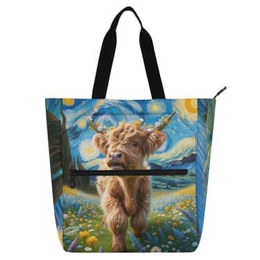 Imagem de GAIGEO Bolsa feminina Highland Cow Starry Night Floral Work Tote de lona com zíper bolsa de praia presente de tecido para amantes de livros
