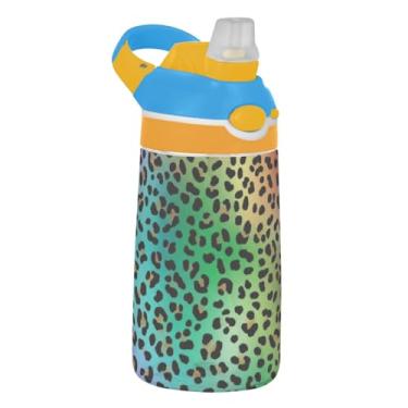 Imagem de Garrafa de água esportiva infantil gradiente arco-íris com estampa de leopardo para escola, 473 ml Tritan 473 ml, garrafa de água com canudo, copo infantil portátil à prova de vazamento, alça de